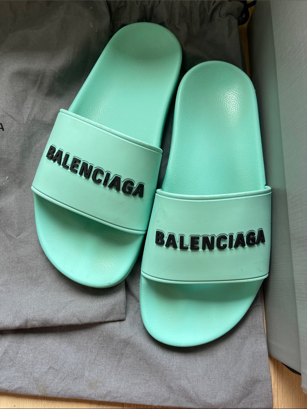 Balenciaga Mint Green Logo Slide Sandals